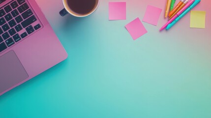 Poster - a desk with a laptop displaying mind mapping software, surrounded by sticky notes, colorful pens, an