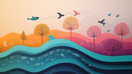 Poster - A vibrant illustration depicting a complex ecosystem, showcasing the interconnectedness of various organisms and their environment, with arrows indicating energy flow and relationships between