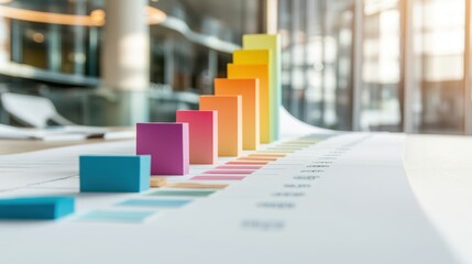 Fototapete - A colorful Gantt chart printed on a large sheet of paper, used for tracking the progress of a construction project, with different colors representing different phases, contractors, or resources