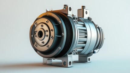 Poster - Close-up of a metallic automotive air conditioning compressor on a light background.