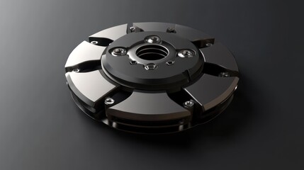 Fototapete - Close-up of a metallic, circular mechanical part with segmented design and central hub, on a dark background.