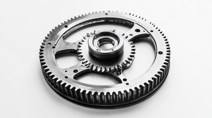 Aufkleber - close-up of a metallic gear system with intricate details against a white background.