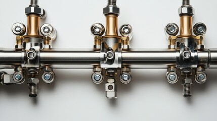 Aufkleber - Close-up of a metallic industrial component with multiple bolts, nuts, and rollers attached to a central bar against a white background.