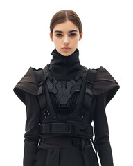 Poster - female model wearing futuristic black sci fi themed fashion with sleek design and geometric patterns, isolated on transparency background
