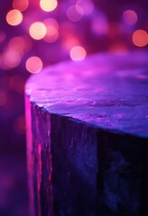 Poster - Abstract close-up of a wooden surface featuring vibrant purple and pink bokeh lights creating a dreamy atmospheric background in soft focus