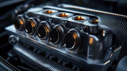 Poster - Close-up of a powerful, sleek, metallic car engine with glowing intake manifolds.