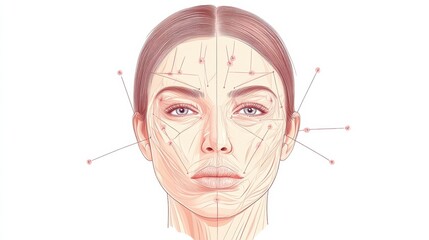 Aufkleber - Detailed medical illustration of a female face with Botox injection points and anatomical features highlighted. Generative AI
