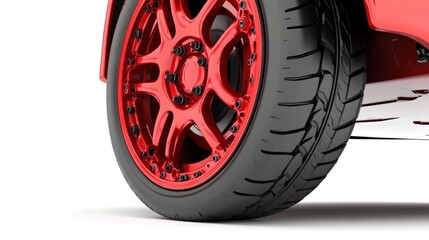 Aufkleber - Close-up of a red car wheel with black tire against white background.