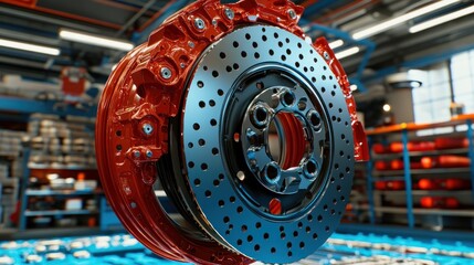 Fototapete - Close-up of a red and black automotive brake disc rotor in a workshop.