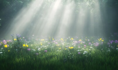 Aufkleber - A serene morning mist enveloping a vibrant wildflower meadow, perfect for nature-themed visuals.