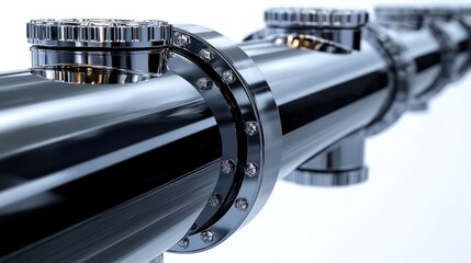 Poster - Close-up of a shiny metallic pipe with multiple valves and bolts.
