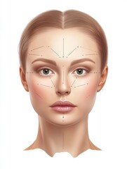 Poster - Detailed medical illustration of a female face highlighting Botox injection points and anatomical features. Generative AI