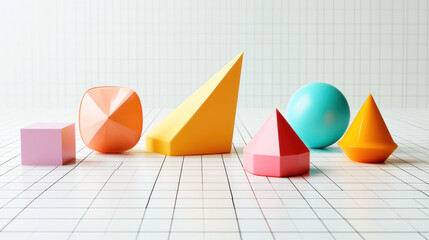 Wall Mural - 3D geometric shapes on a grid, illustrated in perspective