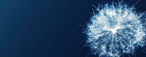 Poster - Abstract representation of a glowing dandelion seed head with luminous fibers radiating in different directions against a dark blue background