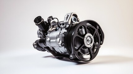Poster - Close-up of a silver and black automotive air conditioning compressor isolated on white background.