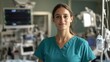 © Daiki - Young European female nurse in scrubs smiles in a hospital setting. Her professional demeanor highlights the supportive role of healthcare workers in patient care.