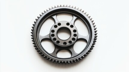 Aufkleber - Close-up of a single, black metal gear with teeth and a central hub, isolated on a white background.