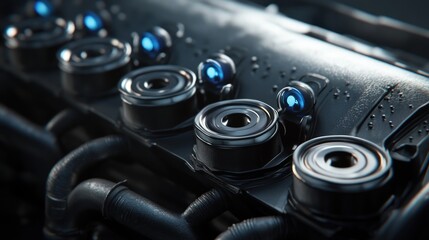 Aufkleber - Close-up of a sleek, black engine with glowing blue sensors and intricate details.