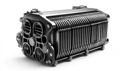 Aufkleber - close-up of a sleek, black metallic industrial component with intricate details and ventilation slot