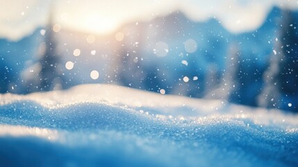 Poster - Close-up of a snowdrift with falling snowflakes, blurred mountain background and sunlit bokeh.