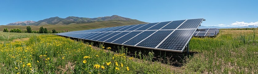 Wall Mural - A panoramic view of solar panels in a green field under a clear blue sky, showcasing renewable energy in a natural landscape.