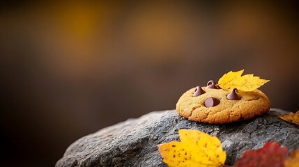 A freshly baked chocolate chip cookie resting on a rock surrounded by autumn leaves in a serene setting