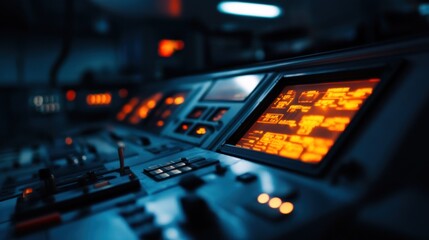 Close-up of a train's control panel at night, showcasing various buttons, switches, and digital displays illuminated in orange and blue hues.