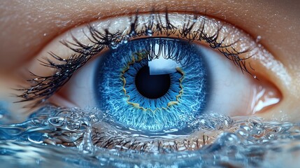 Poster - Close-up of a vibrant blue eye partially submerged in water, showcasing intricate details and textures.