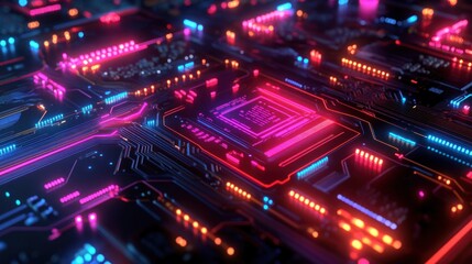 Poster - Close-up of a vibrant, glowing circuit board with a central processor, showcasing intricate technological details.