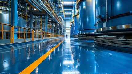 Poster - Brightly lit industrial space features large blue tanks arranged in rows alongside polished flooring, showcasing an organized manufacturing setup suitable for various processes.