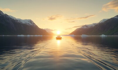 Aufkleber - A serene image of sailing through Arctic waters beneath an everlasting twilight sky.