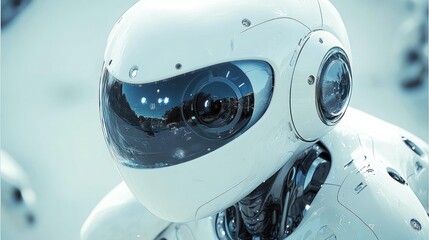 Poster - Close-up of a white robot's head, showcasing its sleek design and advanced technology.