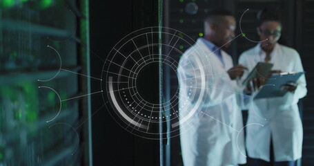 Poster - Image of scope scanning over african american workers in server room
