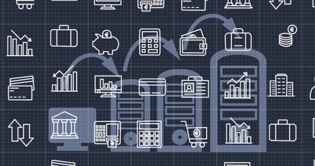 Wall Mural - image of business icons over servers on black background