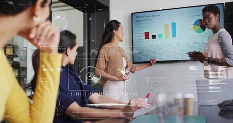 Poster - Image of data processing and diagrams over diverse colleagues discussing work