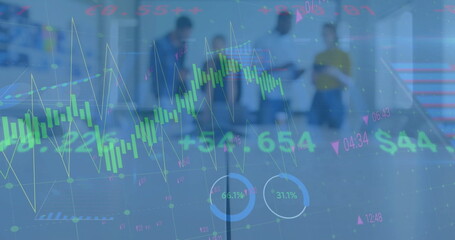 Poster - Image of financial data processing over diverse business people in office