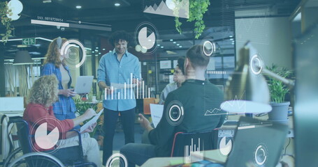 Poster - Image of data processing and diagrams over disabled and diverse colleagues discussing work