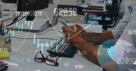 Poster - Image of charts and processing data over biracial businessman at office using smartphone