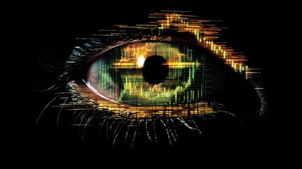 Fototapete - Close-up of an eye with superimposed stock market data, symbolizing market vision or financial insight.