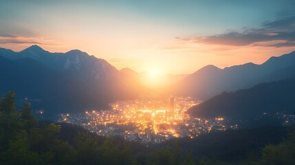 Aufkleber - A stunning sunset over a modern city skyline surrounded by dramatic scenery.