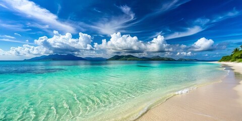 Wall Mural - Serene Tropical Beach with Crystal Clear Water and Lush Mountains