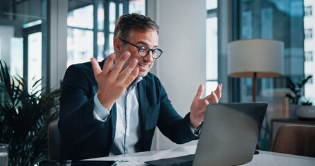 Poster - Business, celebration and man in office, laptop and excited with approved loan, b2b deal and sales growth. Mature person, employee and consultant in workplace, computer and success with proposal
