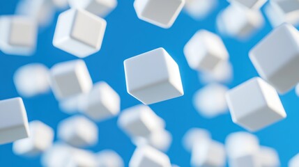 Wall Mural - White cubes floating on blue background.