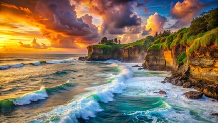 Wall Mural - Breathtaking Coastal Landscape at Sunset with Vibrant Skies and Waves