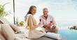 © peopleimages.com - Mature couple, portrait and wine on vacation, traveller and bonding on trip with alcohol and happy. Holiday, people and smile for anniversary on resort, travel or commitment in marriage in California