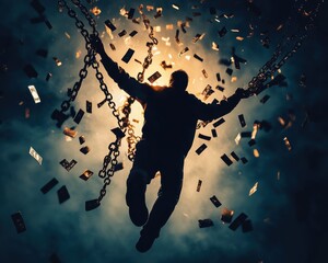 Person Floating with Chains Surrounded by Floating Cards and Light