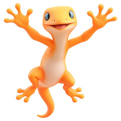 Poster - cheerful 3D cartoon gecko with bright orange skin and playful expression, isolated on transparency background