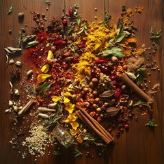 Wall Mural - Colorful assortment of spices on rustic wooden table