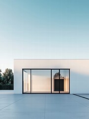 Aufkleber - Minimalist House: A stunning minimalist architectural masterpiece with clean lines, expansive glass windows reflecting the outside world, basking in the warm glow of daylight.