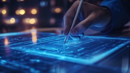 Leinwandbilder - Close-up of hand using stylus on futuristic transparent tablet, designing glowing digital interface.
